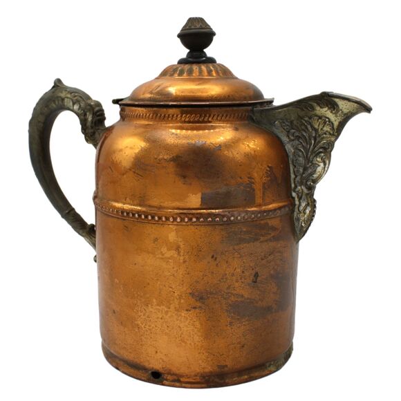 Antique Copper Brass Tea Kettle Coffee Pot Ornate Stamping Pattern Hinged Lid - Picture 1 of 9